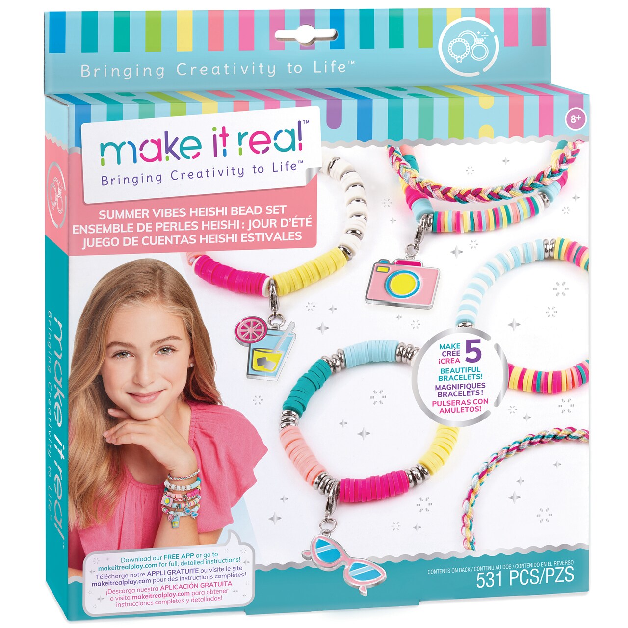 Make It Real Summer Vibes Heishi Bead Kit – DIY Cord Charm Bracelets, 531 Pieces with Tray – All-in-One Jewelry Craft Set for Girls & Tweens, Ages 8+